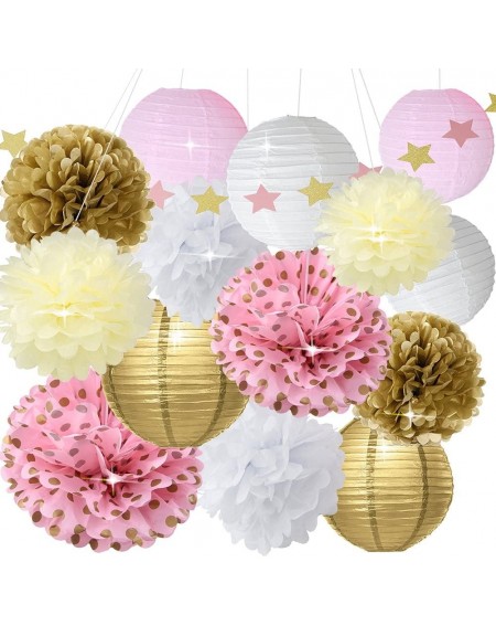Tissue Pom Poms Baby Shower Decor For Girls Birthday Party Decoration Pink Gold White Party Decor Kit Paper Lanterns Paper St...