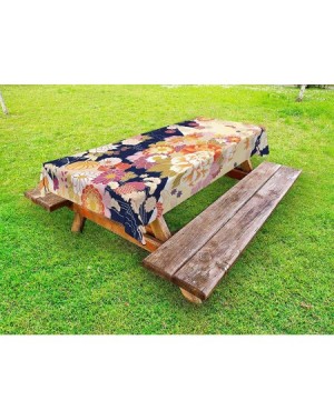 Tablecovers Japanese Outdoor Tablecloth- Traditional Kimono Motifs Composition Floral Patterns Vintage Artwork- Decorative Wa...