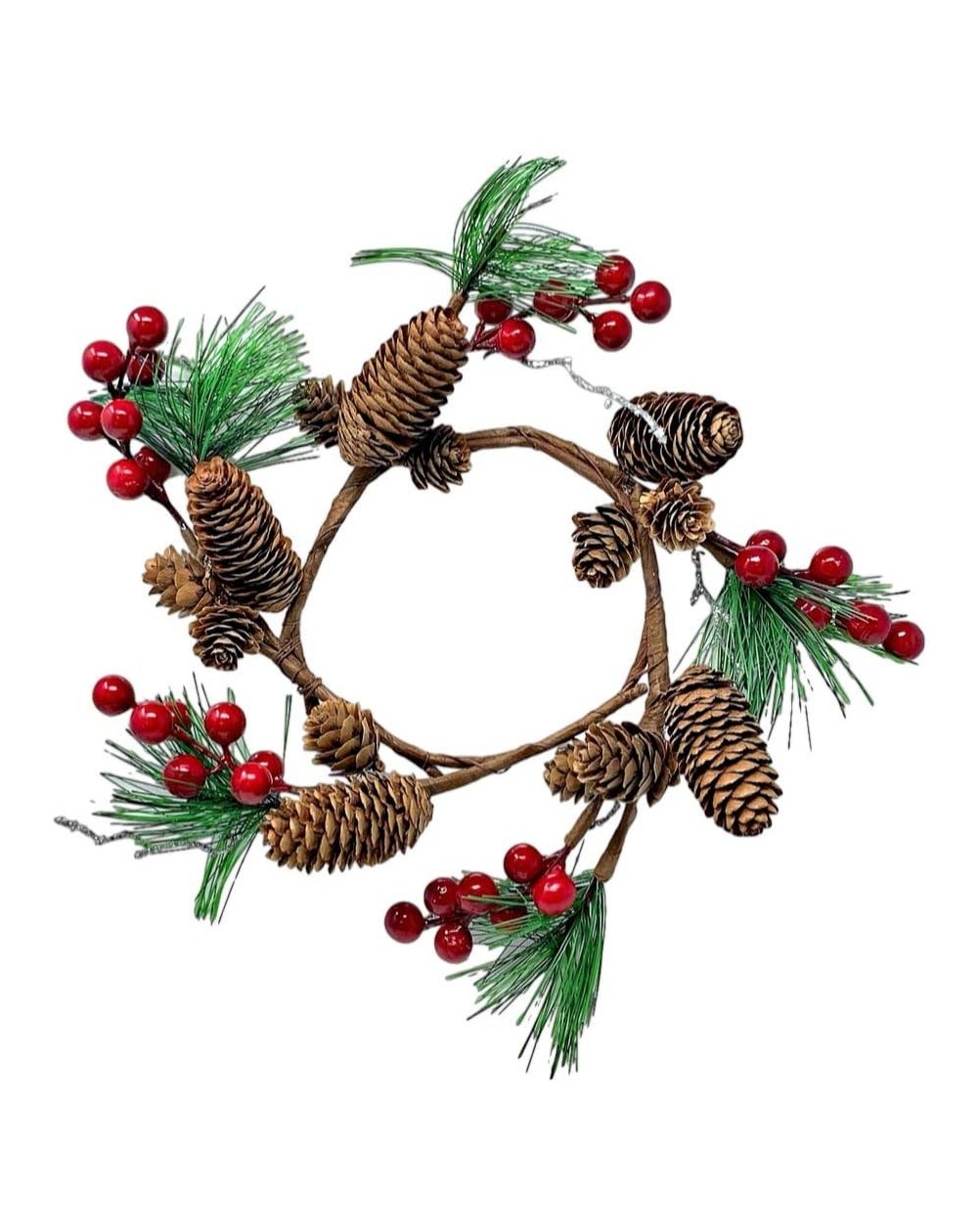 Wreaths Pinecones Pine Red Berries Wreath Candle Ring Ornament for Rustic Wedding or Christmas Table Decor Approx. 10 inch fi...