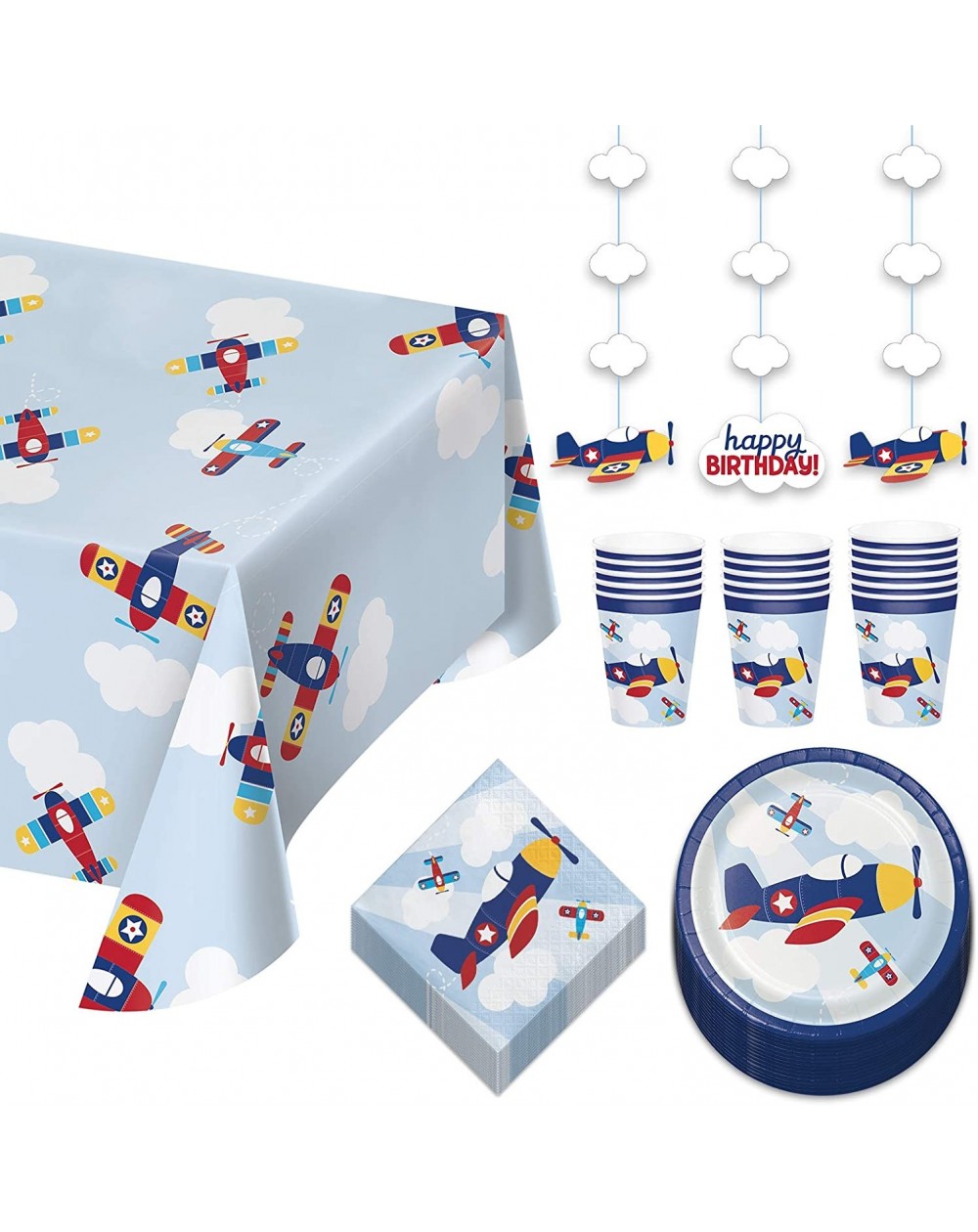 Party Packs Airplane Party Pack - Paper Dessert Plates- Napkins- Cups- Table Cover and Hanging Cutouts Set (Serves 16) - Pape...