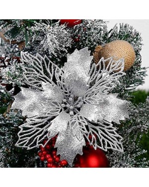 Ornaments 20PCS Glitter Poinsettia Christmas Tree Ornaments Artificial Flowers for Christmas Decorations (Silver) - Silver - ...