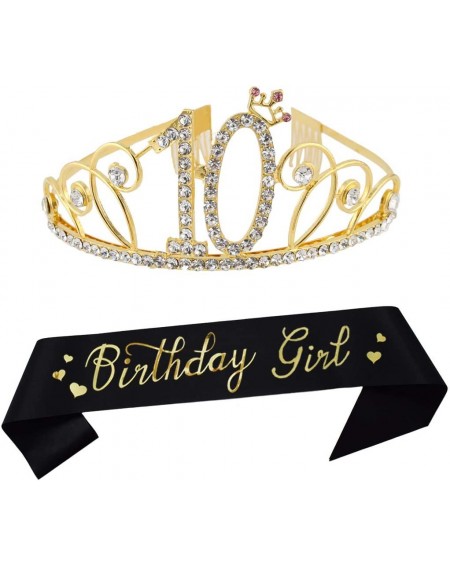 Party Packs 10th Birthday Gold Tiara and Sash Happy 10th Birthday Party Supplies Birthday Girl Glitter Satin Sash and Crystal...