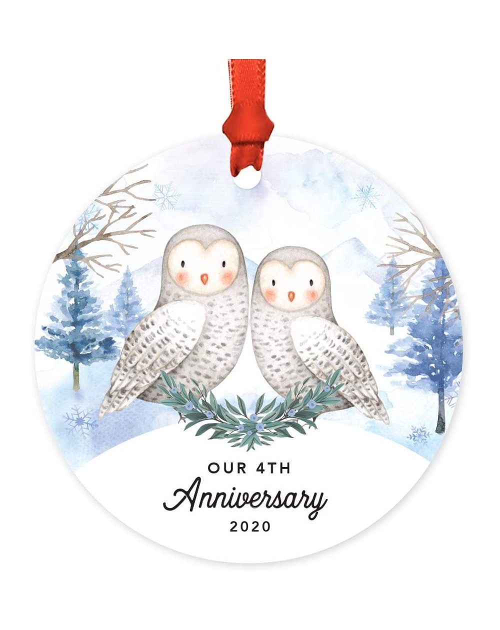 Ornaments Round Christmas Keepsake Ornament- Our 4th Anniversary 2020- Watercolor Winter Snow Owls- 1-Pack- Includes Ribbon a...