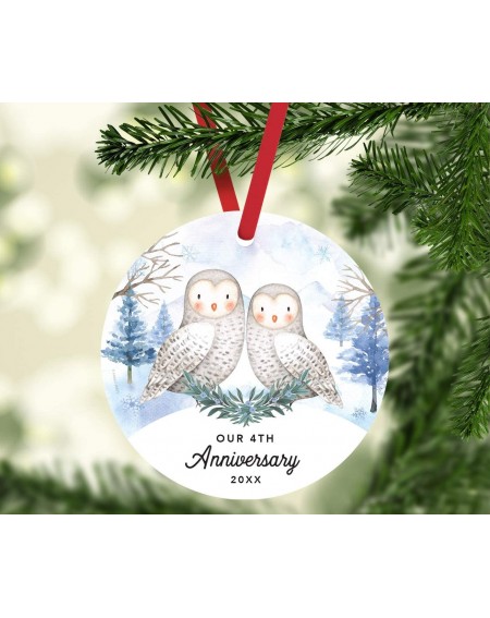 Ornaments Round Christmas Keepsake Ornament- Our 4th Anniversary 2020- Watercolor Winter Snow Owls- 1-Pack- Includes Ribbon a...