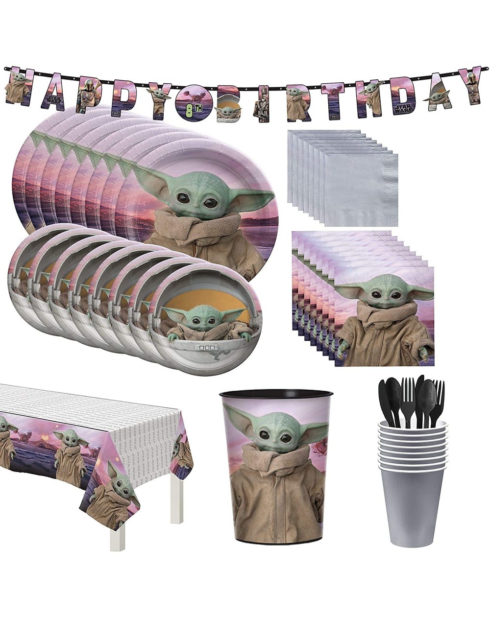 Party Packs The Mandalorian Birthday Tableware for 16 Guests- Star Wars Plates- Napkins- Cups- Utensils- and Decorations - C9...