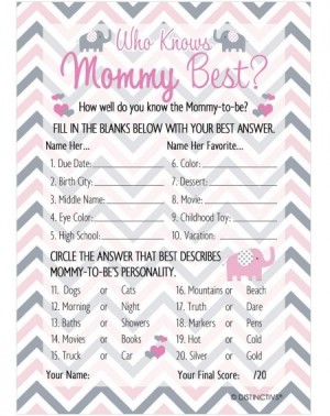 Party Games & Activities Who Knows Mommy Best - Pink and Gray Elephant Baby Shower Game - 20 Cards - CF188839E2M $12.89