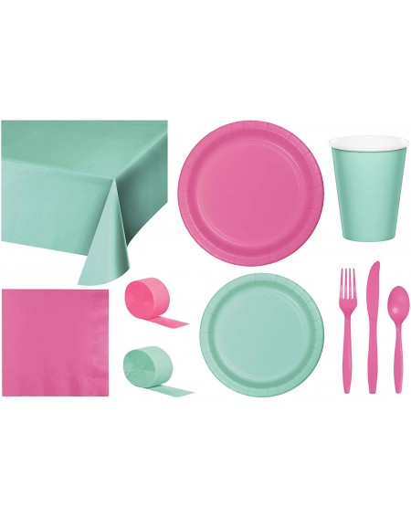 Tableware Party Bundle Bulk- Tableware for 24 People Mint Green and Candy Pink- 2 Size Plates Napkins- Paper Cups Tablecovers...