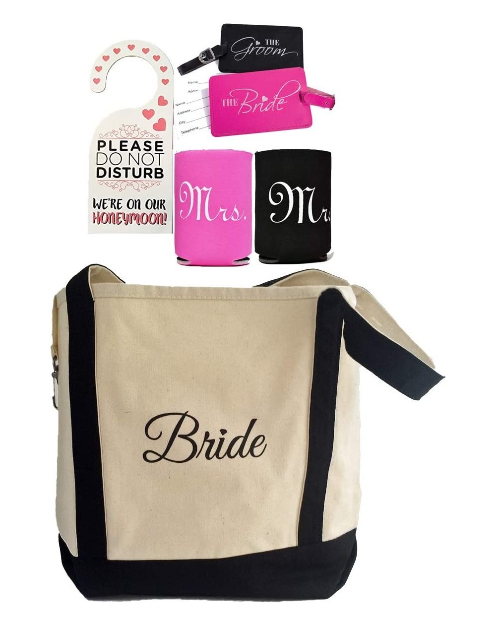 Party Packs Bride Shower Gift - Bride Canvas Tote and Honeymoon Survival Kit (Bride and Groom Luggage Tags- Cup Holders and D...