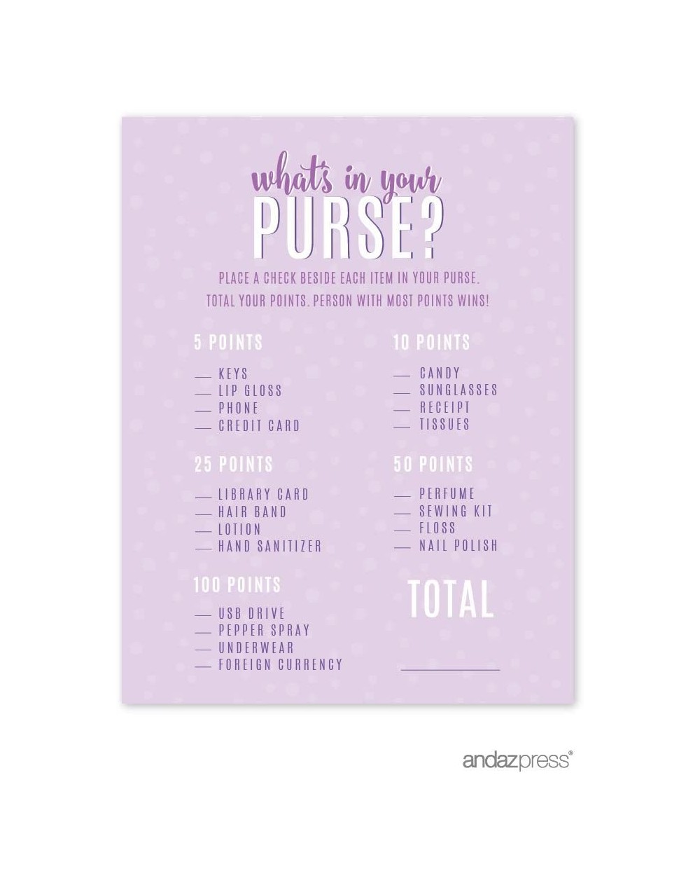 Favors Signature Lavender- Plum- Royal Purple Party Collection- What's in Your Purse Game Activity Cards- 20-Pack - Cards Pur...