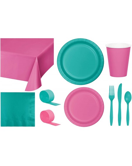 Tableware Party Bundle Bulk- Tableware for 24 People Candy Pink and Teal Green- 2 Size Plates Napkins- Paper Cups Tablecovers...