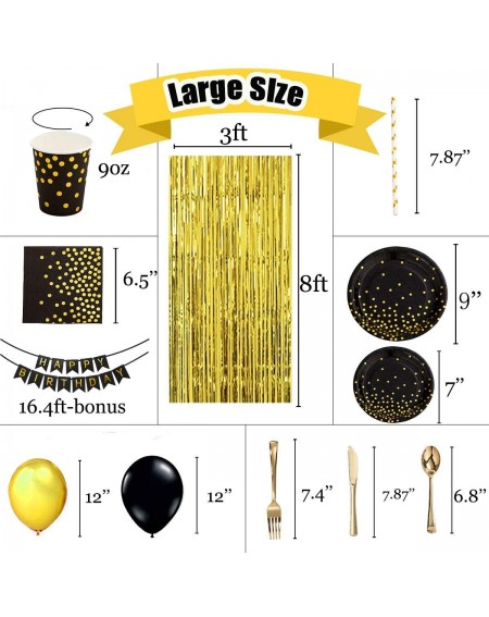 Tableware 256Pcs Black and Gold Party Supplies Black and Gold Party Decorations with Gold Metallic Tinsel black and gold plat...