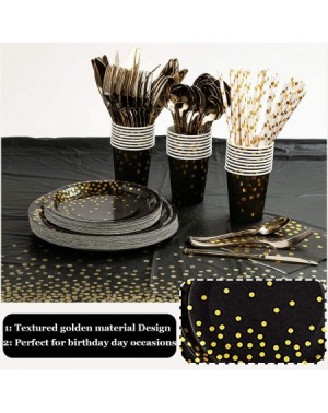 Tableware 256Pcs Black and Gold Party Supplies Black and Gold Party Decorations with Gold Metallic Tinsel black and gold plat...
