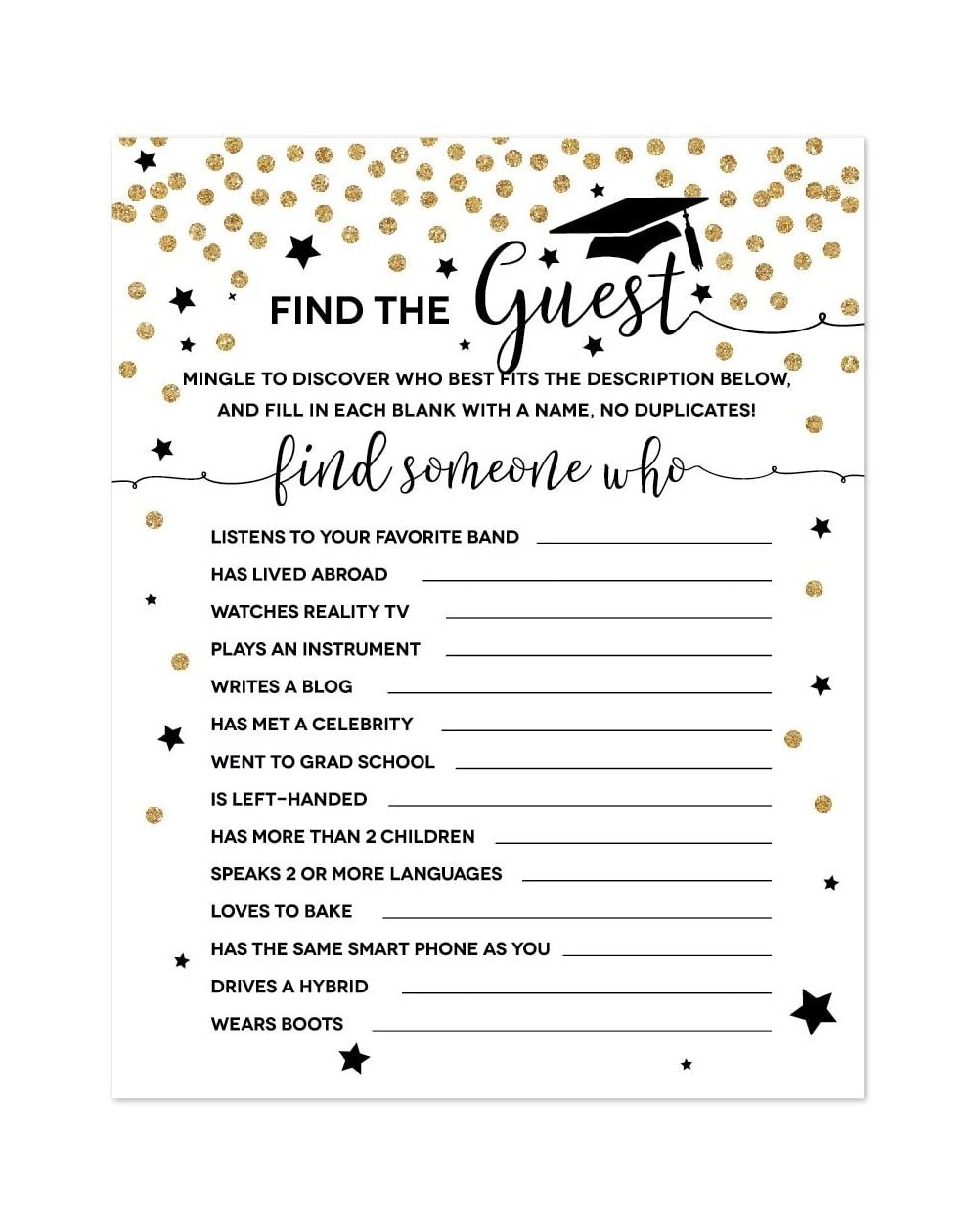 Favors White and Gold Glittering Graduation Party Collection- Name The Guest Who Game Cards- 20-Pack- Games Activities and De...