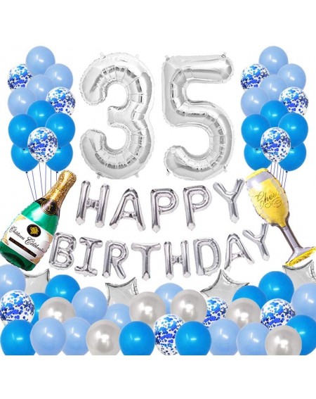 Balloons Happy 35TH Birthday Party Decorations Pack-Blue Silver Theme- Happy Birthday Banner Foil Number 35 12inch Silver Con...