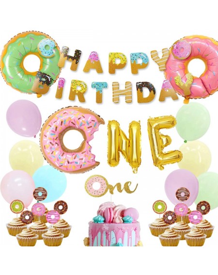 Balloons Donut 1st Birthday Party Supplies - Donut One Foil Balloon Cupcake Toppers Happy Birthday Banner for First Birthday ...