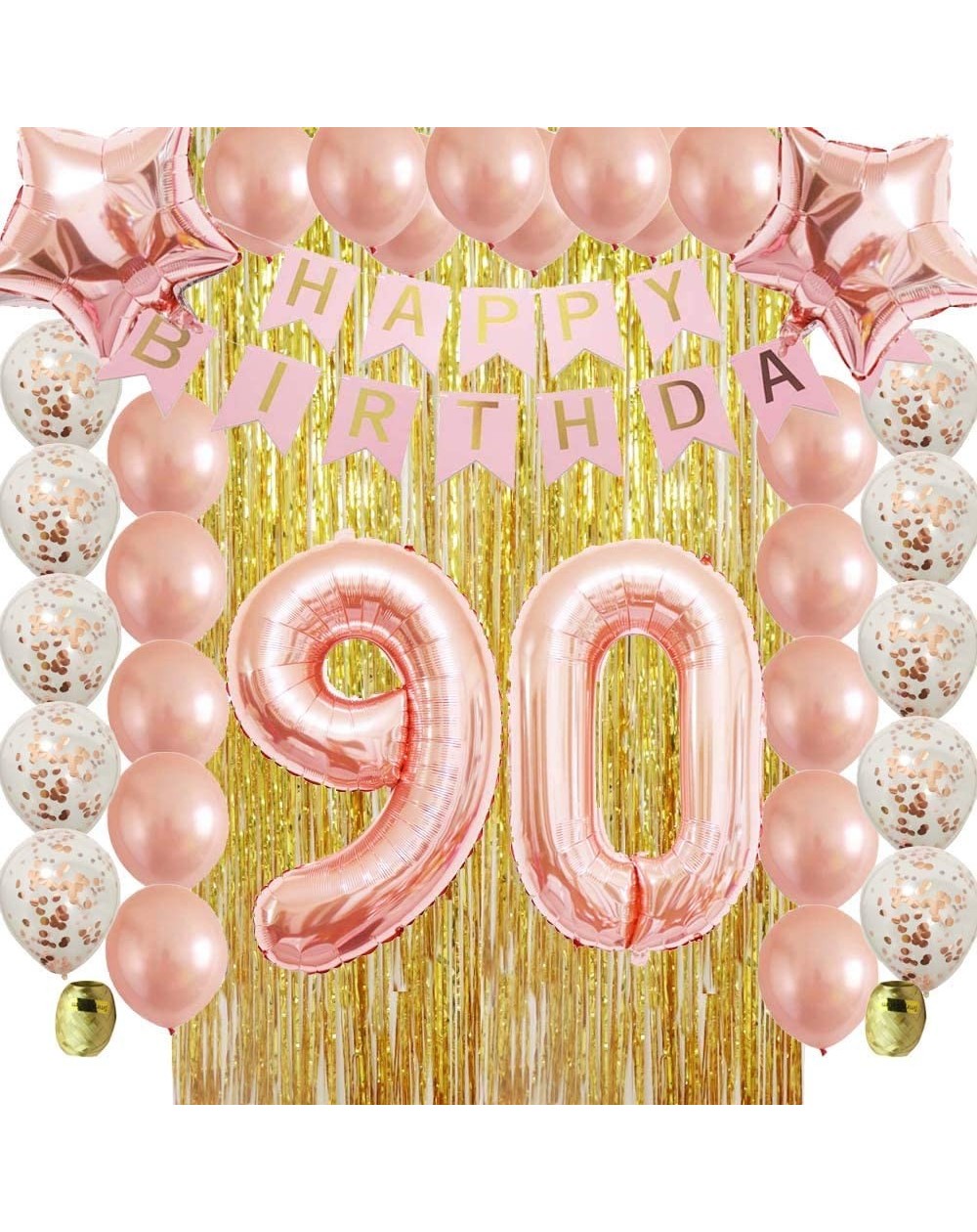 Balloons Rose Gold 90th Birthday Decorations Party Supplies Kit for Women-Men-Adult-Gold Metallic Foil Curtain-Confetti Latex...