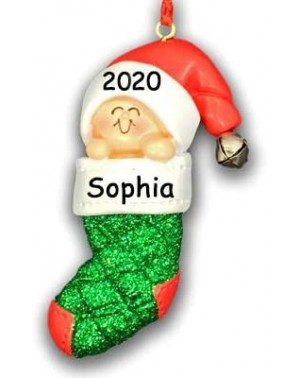 Ornaments Personalized 2020 Baby's First Christmas Baby with Santa Hat in Glitter Stocking Christmas Tree Ornament with Custo...
