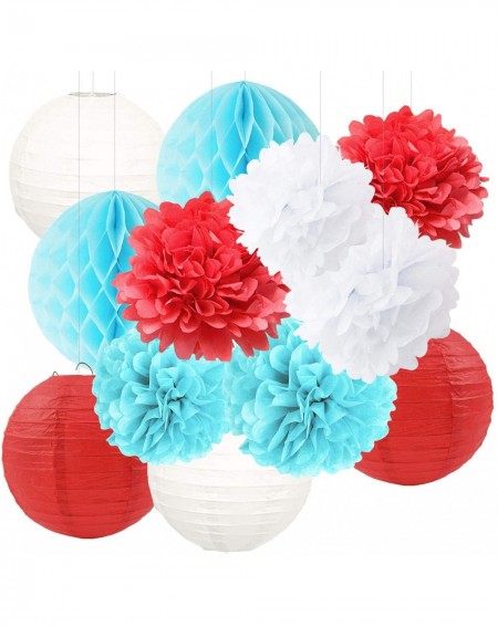 Tissue Pom Poms Dr. Suess Cat in The Hat Party/Airplane/Dr Suess Baby Shower Decorations Blue White Red Tissue Paper Flower H...