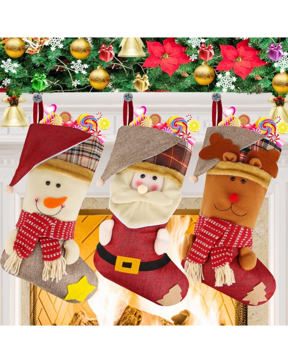 Stockings & Holders Christmas Stockings- Big Size 3 Pcs 18" Xmas Classic Christmas Stocking Santa Snowman Reindeer Character ...