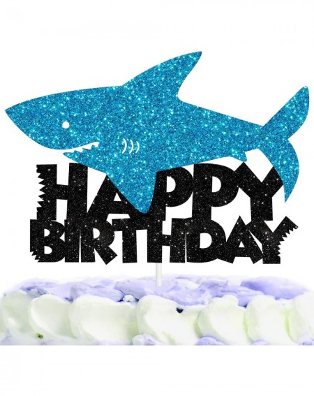 Cake & Cupcake Toppers Shark Cake Topper Happy Birthday Black Blue Glitter Decor for Baby Shower Party Ocean Decorations Supp...