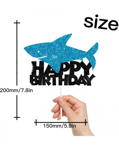 Cake & Cupcake Toppers Shark Cake Topper Happy Birthday Black Blue Glitter Decor for Baby Shower Party Ocean Decorations Supp...