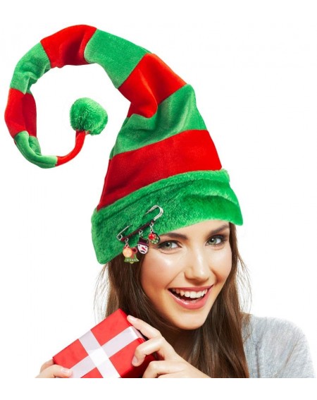 Hats Christmas Elf Hat- Long Striped Felt Hat with Cute Brooch Pin for Kids Adults - CP18WKNAC2M $26.30