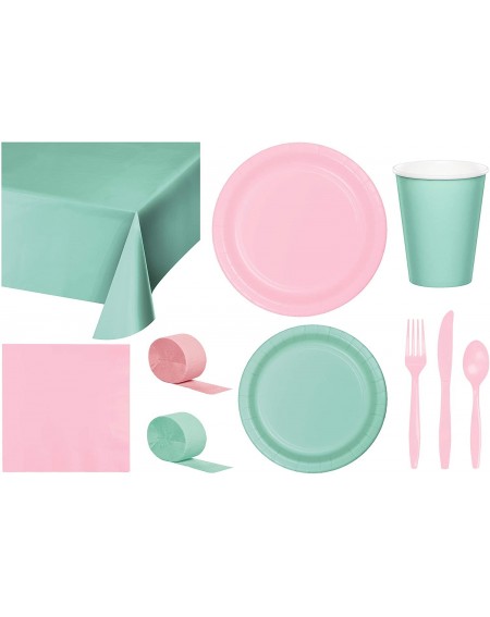 Party Packs Party Bundle Bulk- Tableware for 24 People Mint Green and Classic Pink- 2 Size Plates Napkins- Paper Cups Tableco...