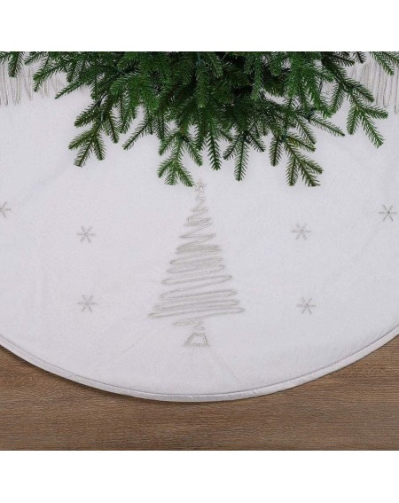 Tree Skirts 48 inch Christmas Tree Skirt with Embroidery Xmas Tree in Silver White Linen Burlap Traditional Holiday Decoratio...