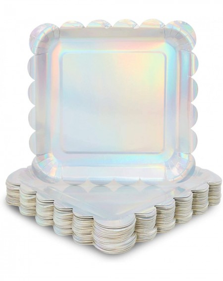 Tableware Holographic Silver Foil Square Paper Plates- Scalloped Edge (9 In- 48 Pack) - C8195STG69Z $27.85