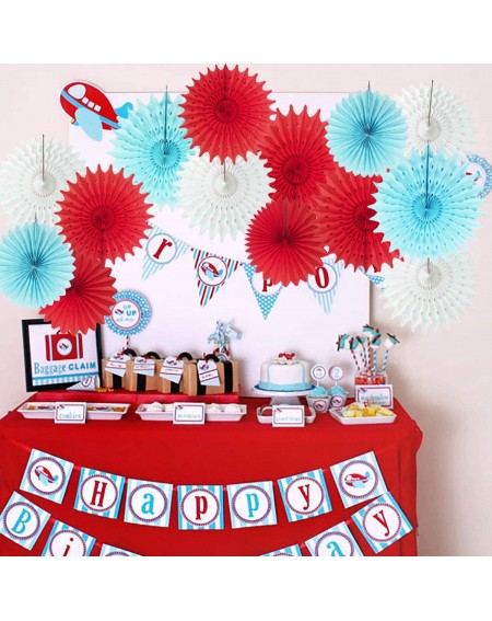 Banners & Garlands Airplane Baby Shower Decorations/Dr Seuss Cat in the Hat Party Decor 14pcs Blue White Red Tissue Paper Fan...