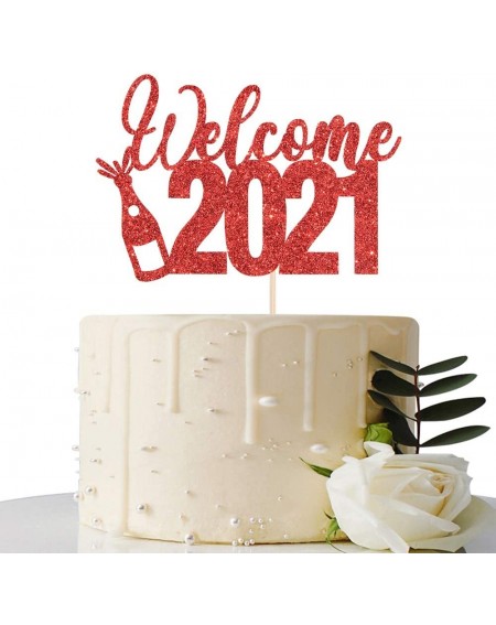 Cake & Cupcake Toppers Red Glitter Welcome 2021 Cake Topper - Hello 2021- Cheers to 2021- Happy New Year Cake Topper- Merry C...