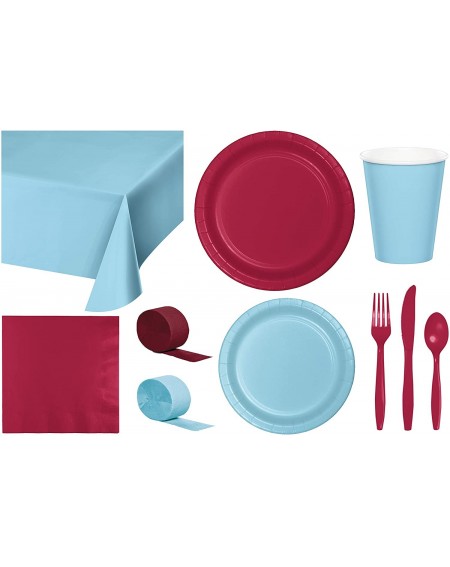 Party Packs Party Bundle Bulk- Tableware for 24 People Pastel Blue and Burgundy- 2 Size Plates Napkins- Paper Cups Tablecover...