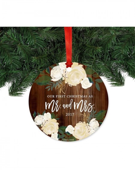 Ornaments Custom Year Wedding Metal Christmas Ornament- Our First Christmas As Mr. and Mrs. 2020- Dark Rustic Wood with Flora...