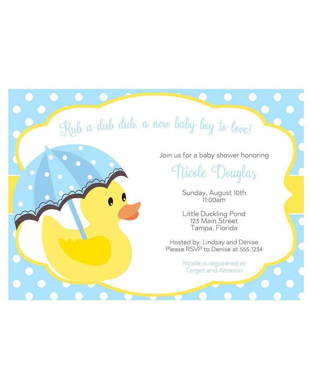 Invitations Duck Baby Shower Invitations It's a Boy Invites Rubber Ducky Polka Dots Blue Yellow Sprinkle Personalized Printed...