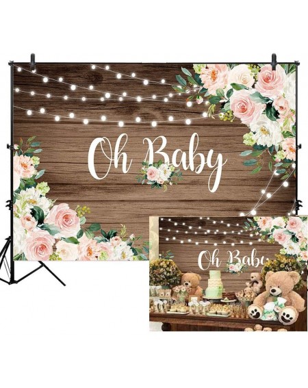Photobooth Props Oh Baby Floral Baby Shower Backdrop for Photography Retro Brown Wood String Lights Background Vinyl Girl Pin...