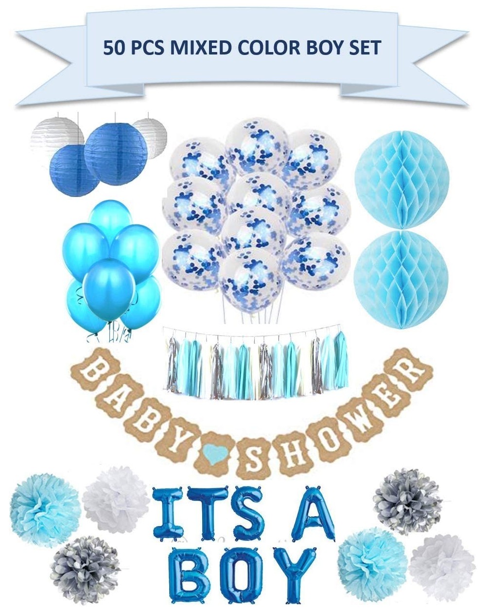 Party Packs Baby Shower Decoration Pack (Blue/White/Silver) - Party Supplies for Gender Reveal (It's a Boy/Girl) - Blue/White...