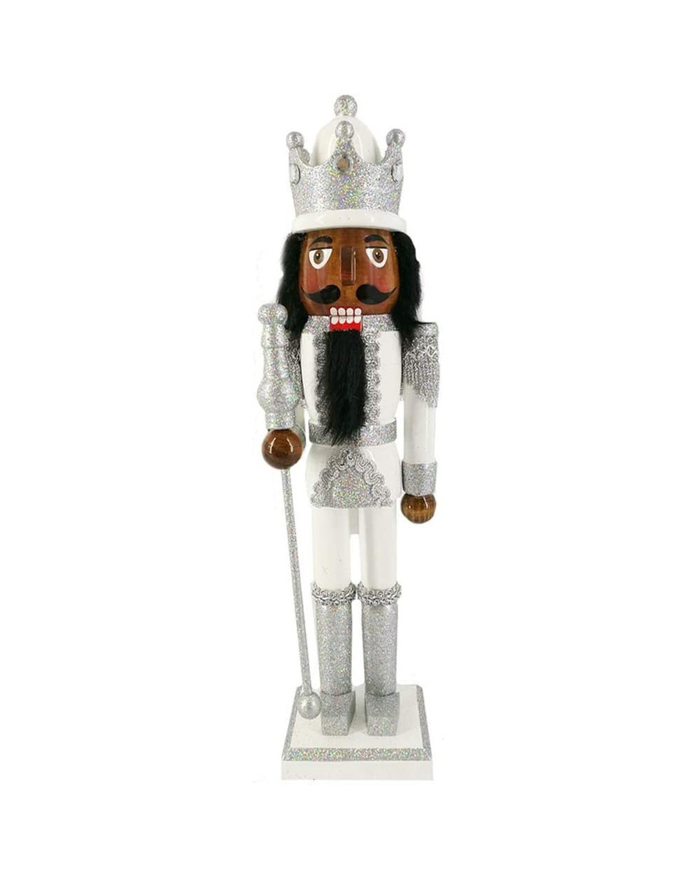 Nutcrackers Christmas Holiday Wooden African American Nutcracker Figure Soldier with Silver Glitter and White Uniform Jacket-...
