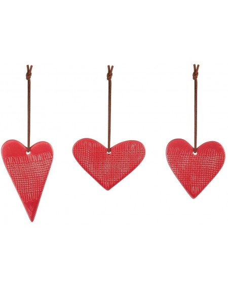 Textured Heart Rosy Red 5 x 4 Ceramic Stoneware Holiday Ornaments Set of 3 - C018ZN68G8A