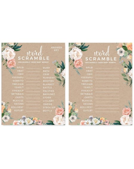 Favors Peach Kraft Brown Rustic Floral Garden Party Baby Shower Collection- Word Scramble Game Cards- 20-Pack- Games Activiti...