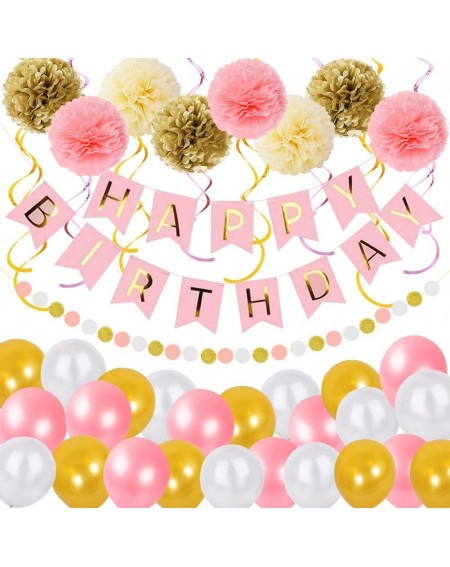 Party Packs Birthday Decorations for Women Pink and Gold- Include Happy Birthday Banner- Hanging Swirls- Dot Garland- Pom Pom...