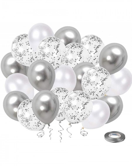 Balloons White Silver Confetti Latex Balloons- 50 Pack 12inch Silver Metallic Chrome Party Balloon Set with Silver Ribbon for...