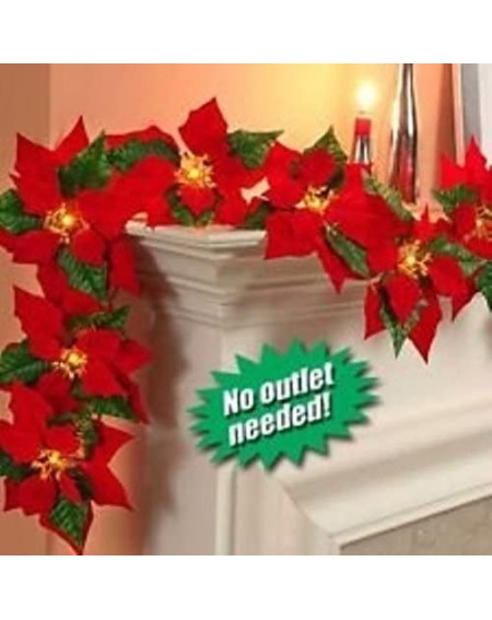 Garlands JH Smith Co Cordless Lighted Poinsettia Garland-Red - Red - CX11176IV9Z $16.56