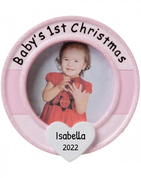 Personalized Babys Christmas Photo Ornament - Baby's 1st Round Frame Pink - CT18RC5H60Y
