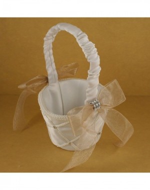 Ceremony Supplies White Fabric Lattice Design Wedding Flower Girl Basket Organza Bow & Faux Rhinestone Accent (LIGHT PEACH BO...