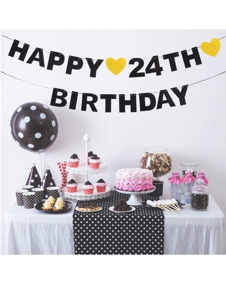 Banners Happy 24th Birthday Banner Black Glitter 24 Years Old Bday Anniversary Party Decoration Sign for Women Men - 24th - C...