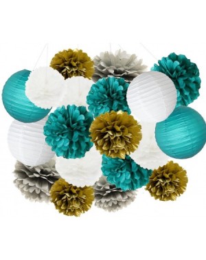 Tissue Pom Poms Big Size White Teal Grey Gold 10inch 8inch Tissue Paper Pom Pom Paper Lanterns Mixed Package for Teal Themed ...