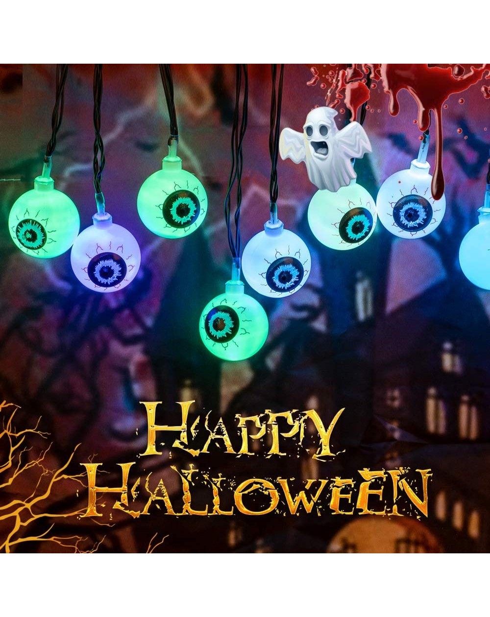 Outdoor String Lights 20 LED 8 Lighting Mode Eyeballs Halloween-Decorations-Light- 4 Color Lighting Eyeballs String Light for...