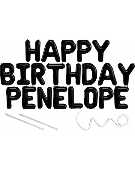 Balloons Penelope- Happy Birthday Mylar Balloon Banner - Black - 16 inch Letters. Includes 2 Straws for Inflating- String for...