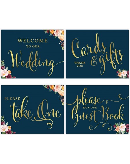 Banners & Garlands Unframed 8 5x11 inch Guestbook - Navy Blue Burgundy Coral Florals Flowers With Metallic Gold Ink - CF18OAN...