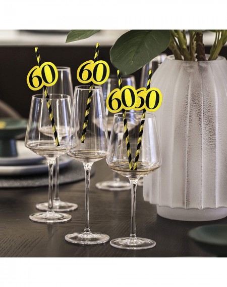Party Tableware 60th birthday decorations paper straws - striped decorative straws- black gold theme 60th birthday party supp...